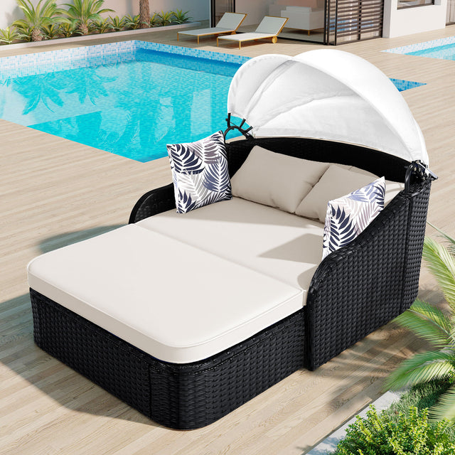 Outdoor Wicker Adjustable Canopy Double Lounge Sunbed