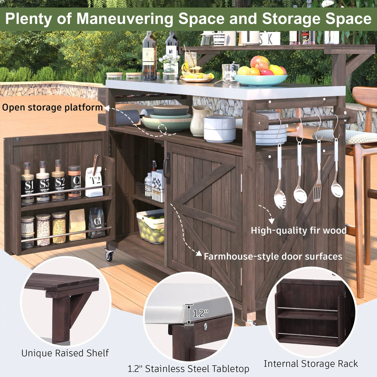 Outdoor Kitchen Island Solid Fir Wood Raised Shelf Cart - Omega Lifestyles