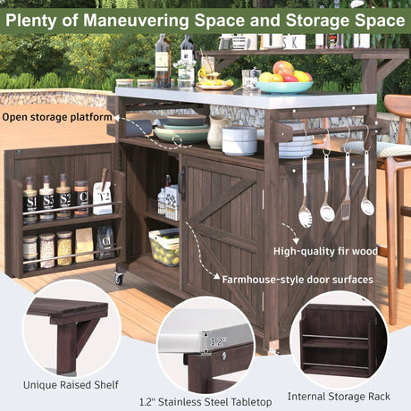 Outdoor Kitchen Island Solid Fir Wood Raised Shelf Cart - Omega Lifestyles