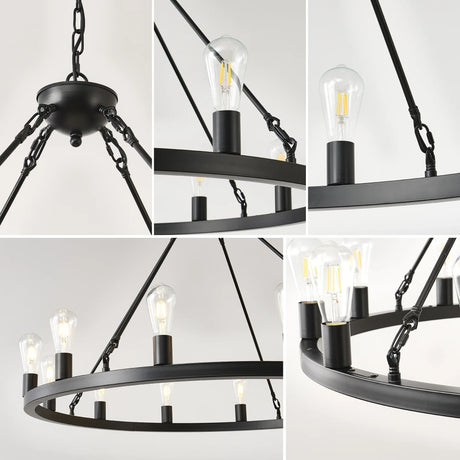 Farmhouse Matte Black Wagon Wheel 12-Light Chandelier - Omega Lifestyles
