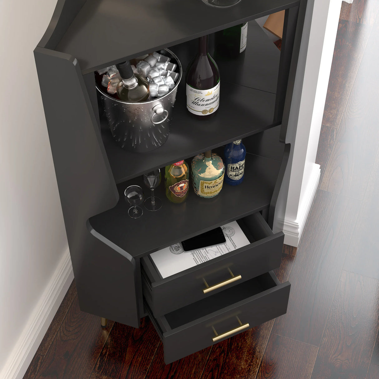 Black Engineered Wood Corner Sideboard Cabinet With Drawers - Omega Lifestyles
