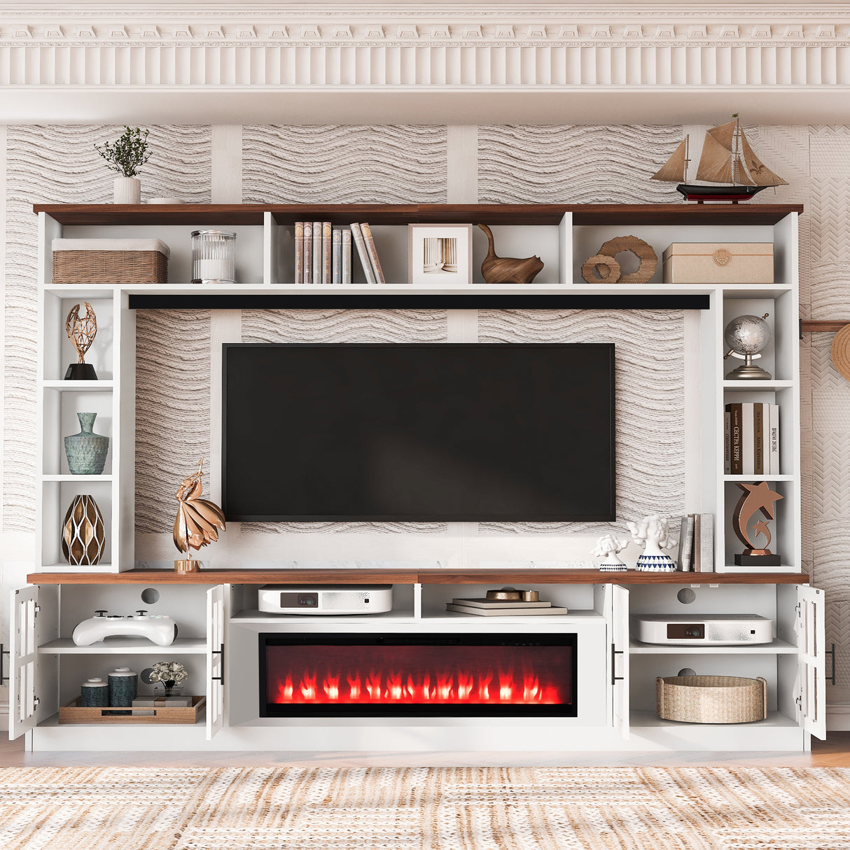 Modern White Walnut Entertainment Center With Electric Fireplace