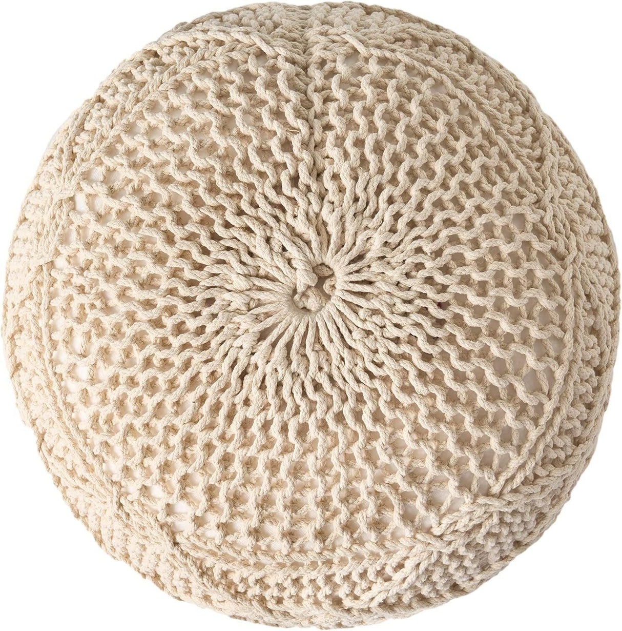 Ivory Cotton Knitted Round Pouf Seating Accent - Omega Lifestyles