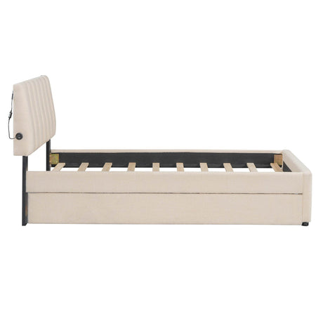 Twin Upholstered Platform Bed With LED Light Trundle - Omega Lifestyles