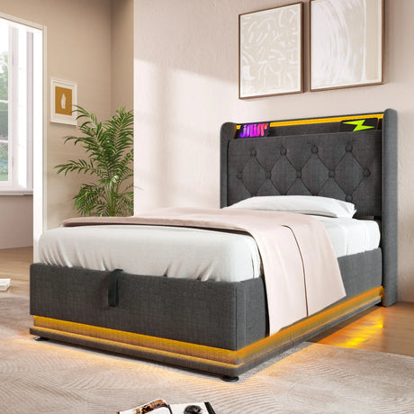 Twin Upholstered Linen Storage Bed With LED Lighting - Omega Lifestyles