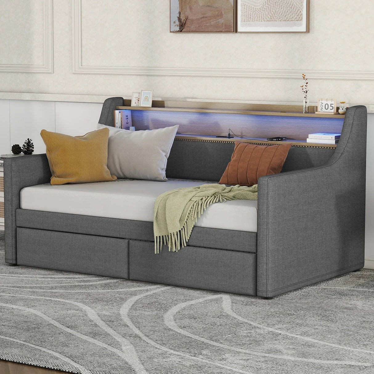 Twin Linen Upholstered Daybed With Storage Drawers Charging Station - Omega Lifestyles