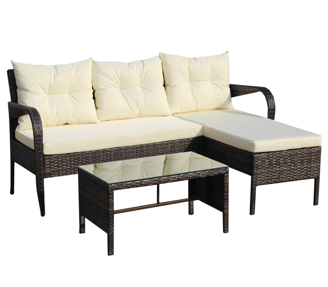 3-Piece Outdoor Brown Rattan Conversation Sofa Set With Cushions - Omega Lifestyles