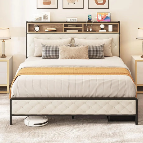 Queen Platform Bed Frame With Charging Station And Storage - Omega Lifestyles