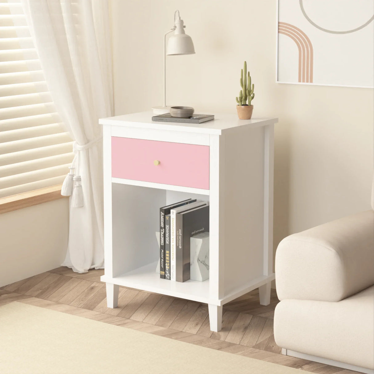 Pink MDF Wooden Nightstand With Drawer And Shelf - Omega Lifestyles