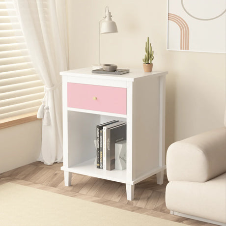 Pink MDF Wooden Nightstand With Drawer And Shelf - Omega Lifestyles