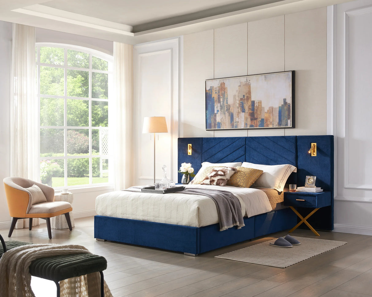 Queen Blue Velvet Wingback Upholstered Platform Bed Frame - Omega Lifestyles