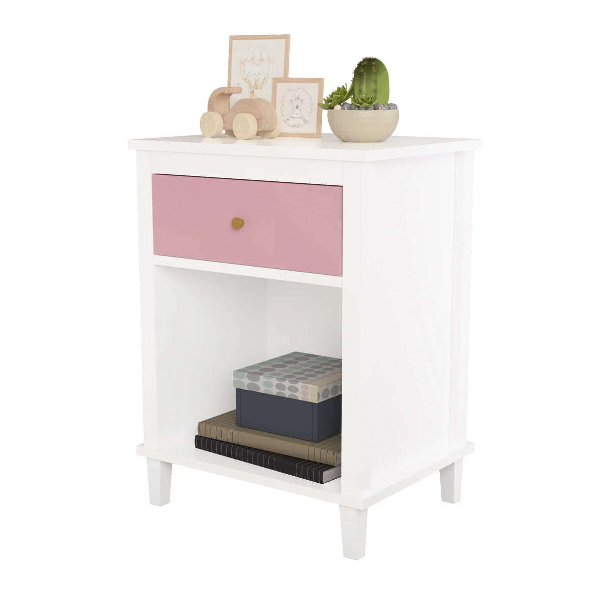 Pink MDF Wooden Nightstand With Drawer And Shelf - Omega Lifestyles