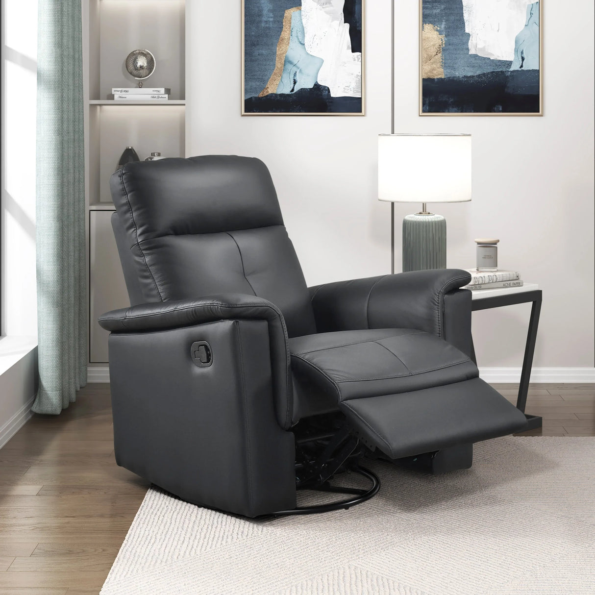 Black Genuine Leather Swivel Glider Reclining Chair - Omega Lifestyles