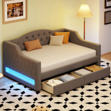 Twin XL Linen Upholstered Daybed With LED Lighting And Drawers - Omega Lifestyles