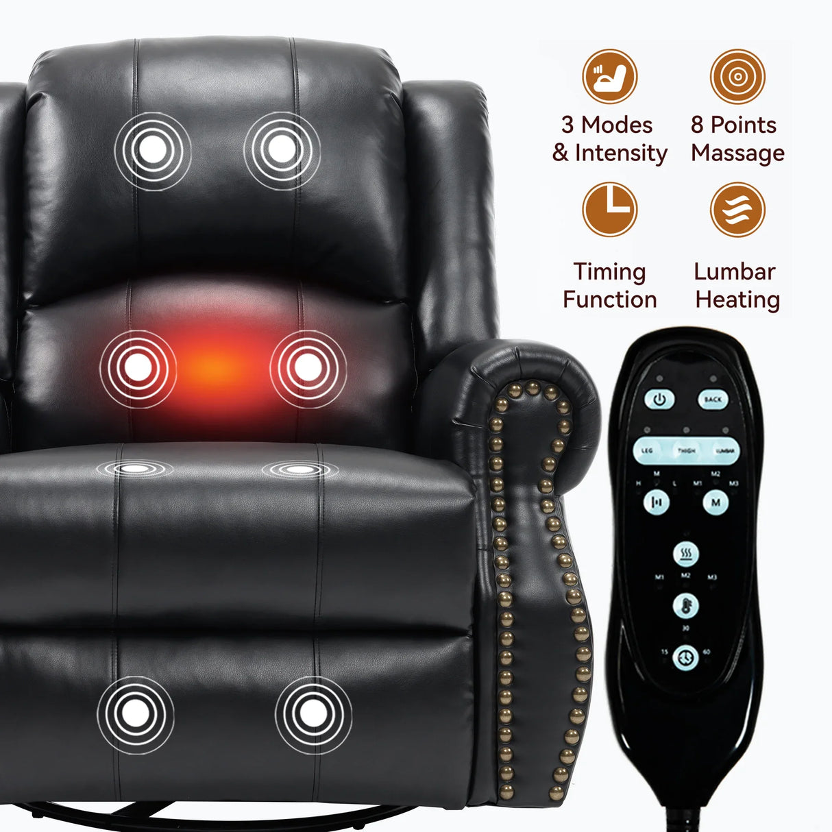 Heat Massage Faux Leather Swivel Rocking Recliner Chair - Omega Lifestyles