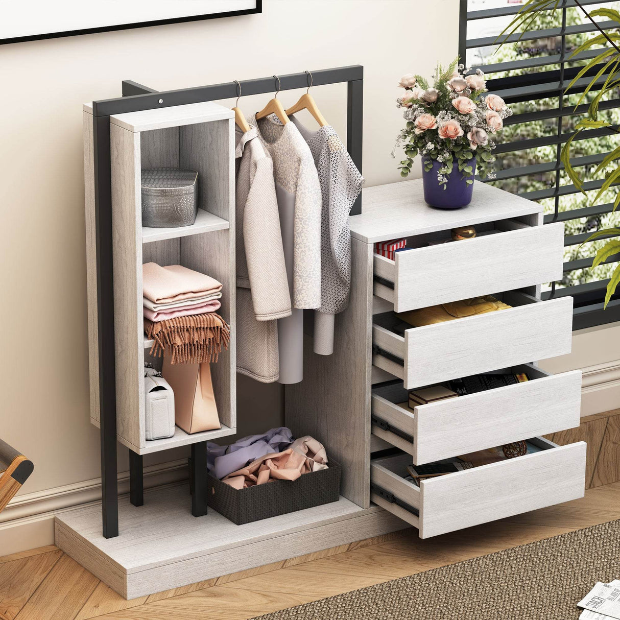 Wardrobe With Four Drawers Three Shelves MDF Metal - Omega Lifestyles