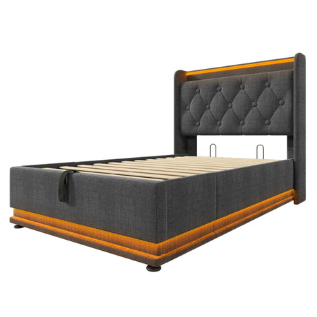 Twin Upholstered Linen Storage Bed With LED Lighting - Omega Lifestyles