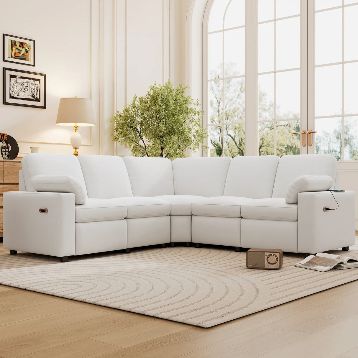 Beige Linen Fabric Power Recliner Sectional Sofa With USB Ports - Omega Lifestyles
