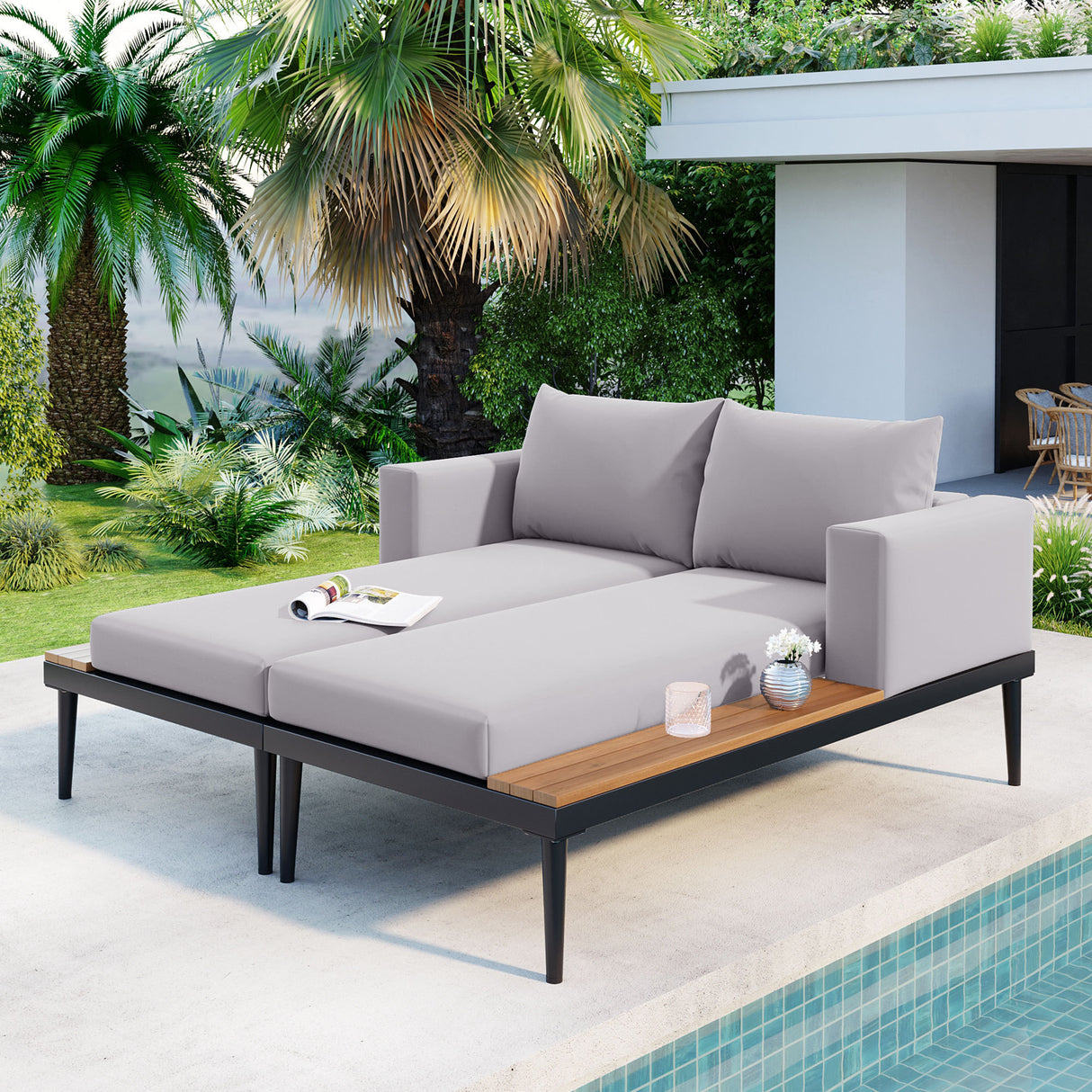 Modern 2-in-1 Outdoor Daybed With Wood Side Spaces