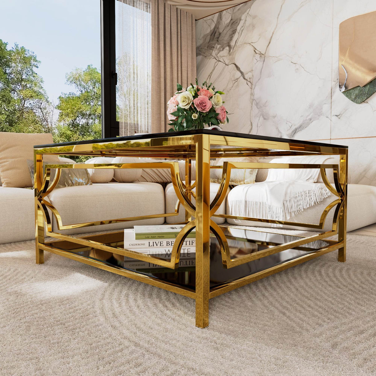 Modern Square Glass Coffee Table With Gold Metal Frame - Sleep Galleria