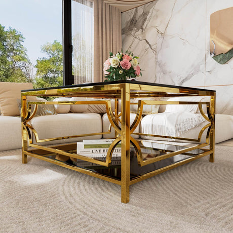 Modern Square Glass Coffee Table With Gold Metal Frame - Sleep Galleria