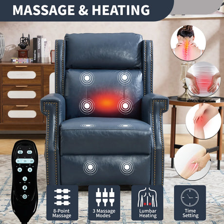 Blue Faux Leather Manual Recliner Chair With Massage Heat - Omega Lifestyles