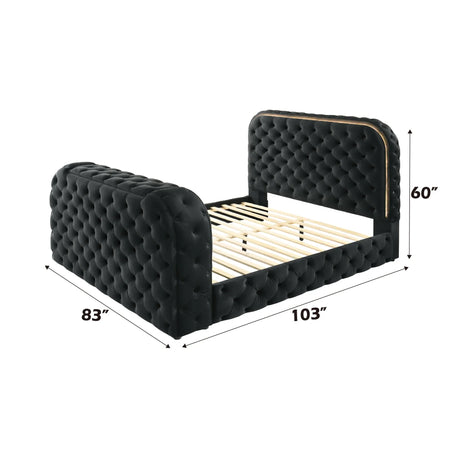 Black Upholstered Eastern King Bed With LED Fireplace Stand - Omega Lifestyles