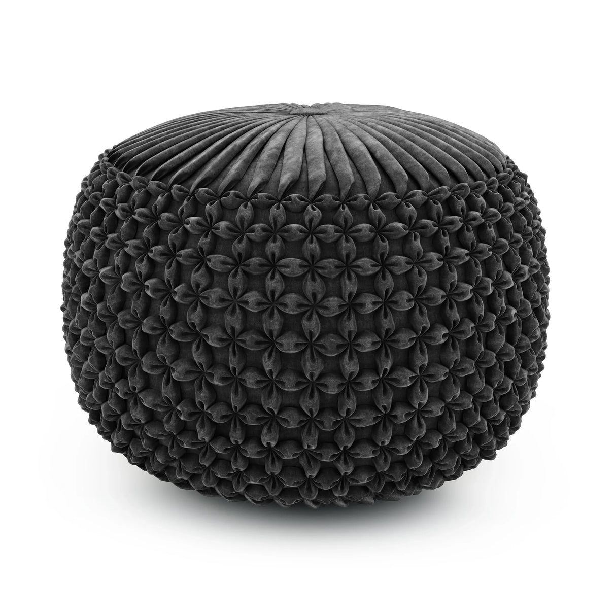 Slate Grey Handcrafted Round Velvet Fabric Pouf Stool - Omega Lifestyles