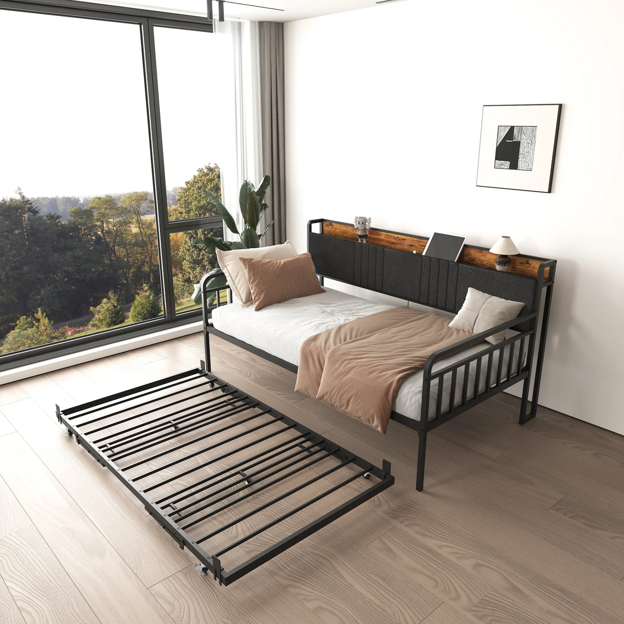 Twin Metal Frame Daybed With Trundle Upholstered Headboard Charging - Omega Lifestyles