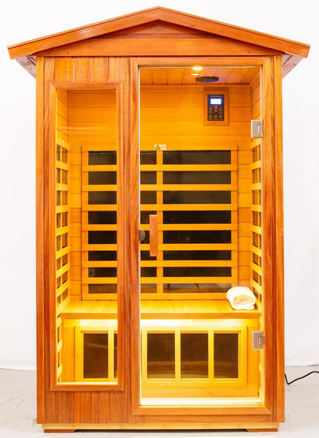 Two Person Far Infrared Khaya Wood Outdoor Sauna Room - Omega Lifestyles