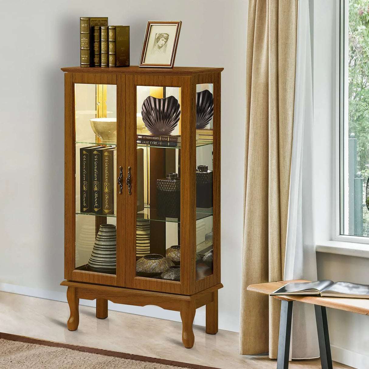 Lighted Oak Curio Cabinet With Adjustable Tempered Glass Shelves - Omega Lifestyles
