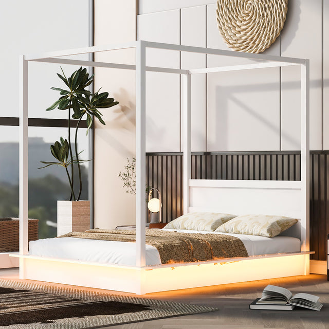 Queen LED Wooden Canopy Platform Bed With Slats