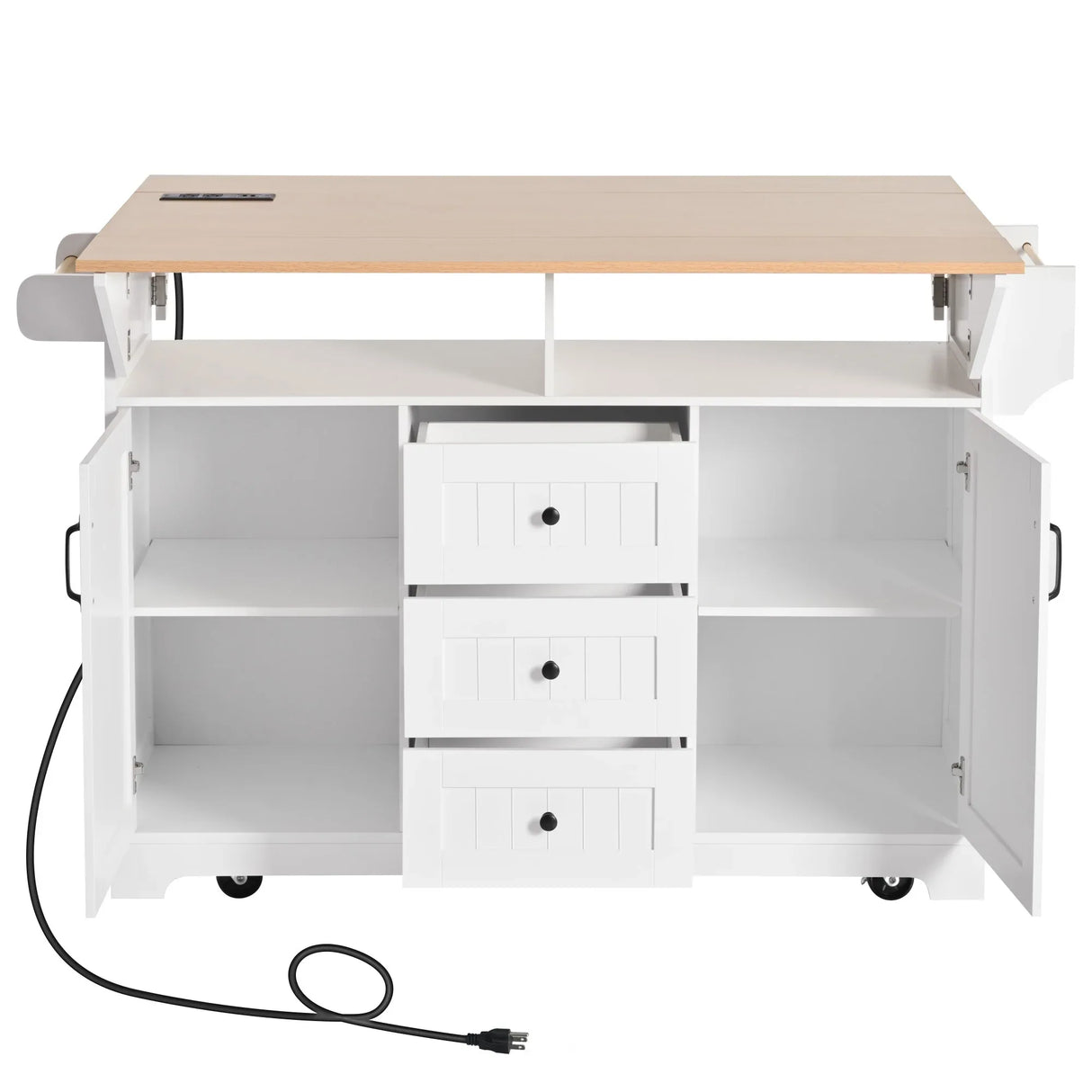 Folding Kitchen Island Cart With Power Outlet and Storage - Omega Lifestyles