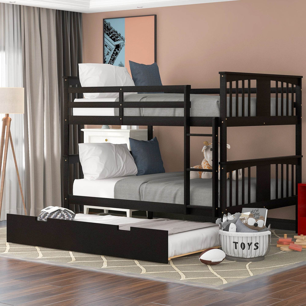 Full Over Full Bunk Bed With Twin Trundle Espresso Solid Wood - Omega Lifestyles