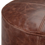 Distressed Brown Genuine Leather Round Pouf Stool - Omega Lifestyles