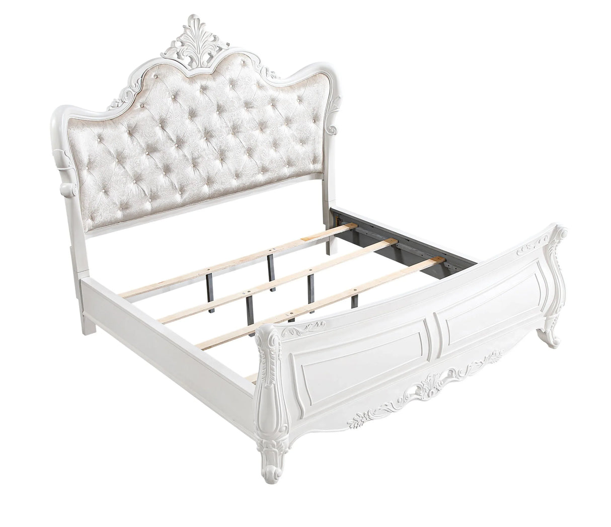 Traditional Velvet Upholstered White Wood King Bed Frame - Omega Lifestyles