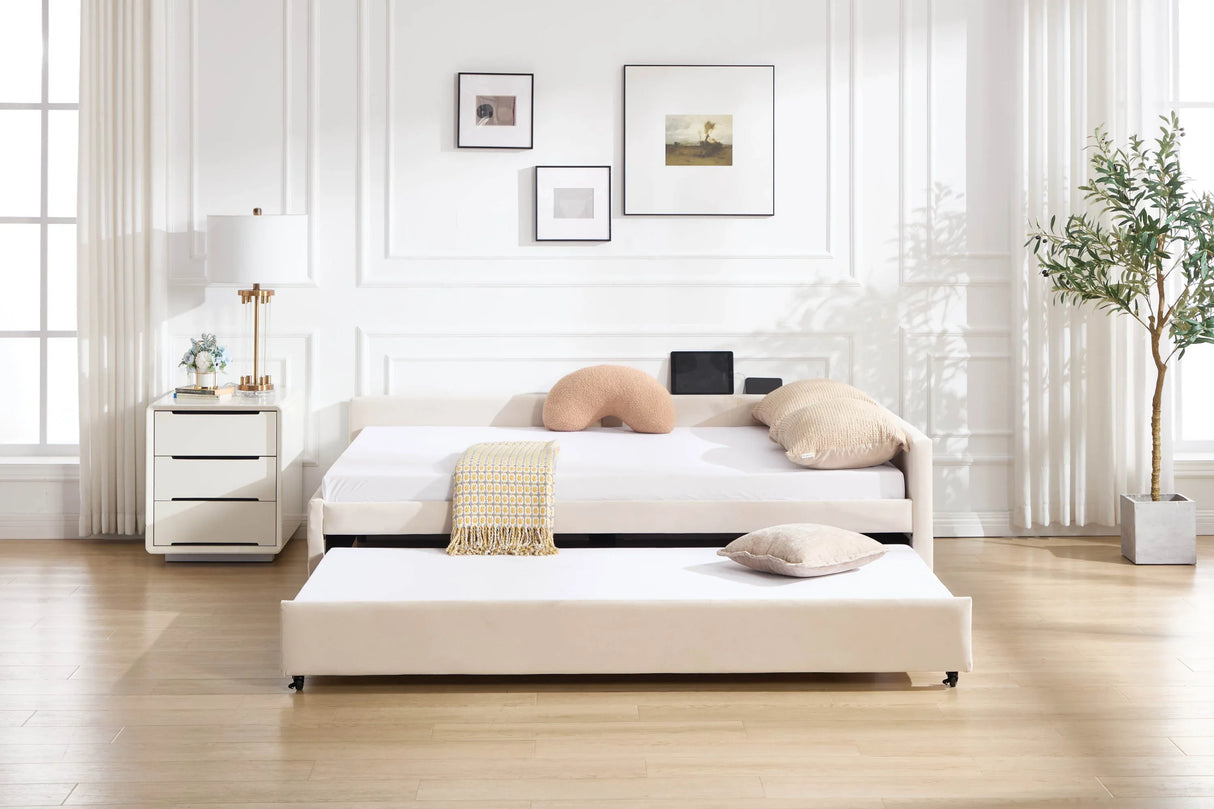 Twin Velvet Upholstered Daybed With Trundle Modern Design - Omega Lifestyles