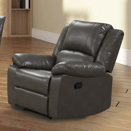 Transitional Gray Leather Pillow Top Arms Glider Recliner - Omega Lifestyles