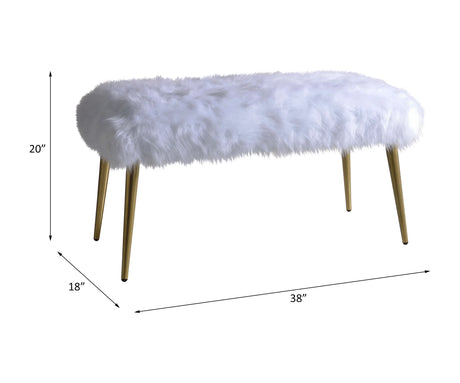 White Faux Fur Armless Backless Gold Finish Bench - Omega Lifestyles