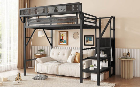 Twin Metal Loft Bed With Stairs Storage Shelves - Omega Lifestyles