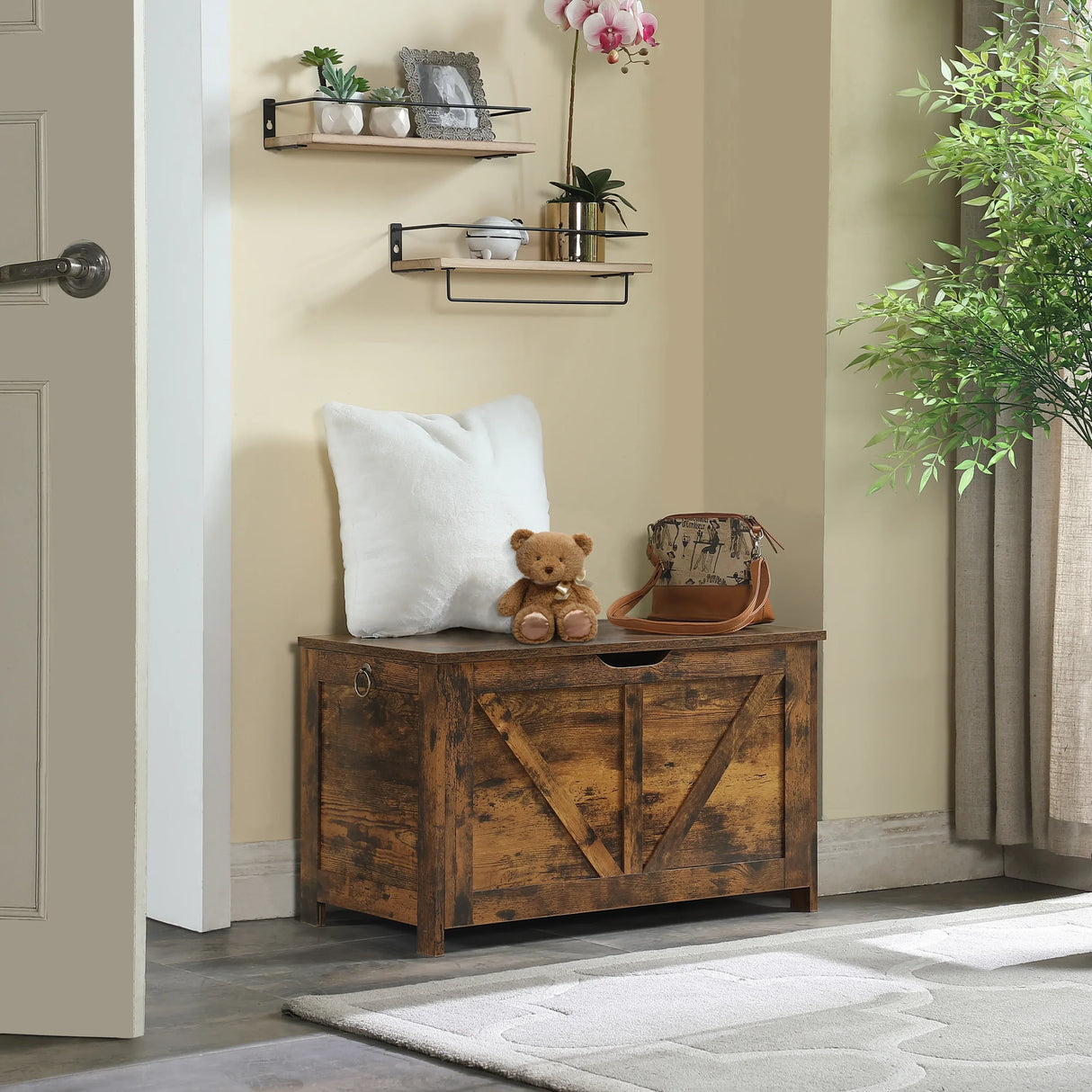 Rustic Brown Particle Board Entryway Storage Bench - Omega Lifestyles
