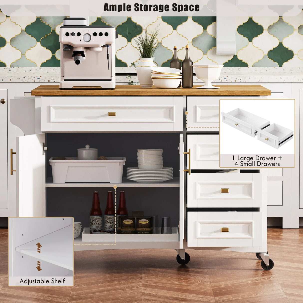 Classic Vintage Embossed White Kitchen Island On Wheels - Omega Lifestyles