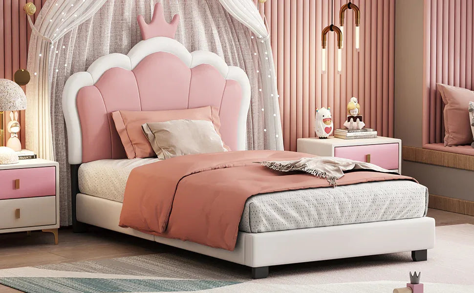 Twin Upholstered Princess Platform Bed With Crown Headboard - Omega Lifestyles