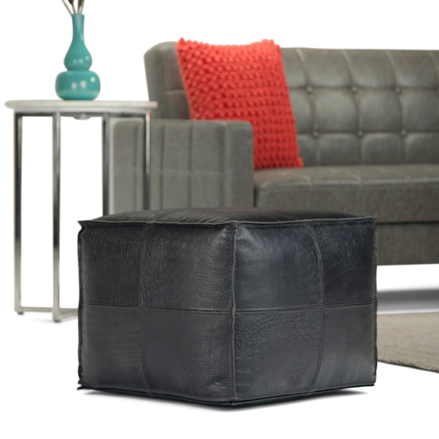 Handcrafted Black Buffalo Leather Square Pouf Ottoman - Omega Lifestyles