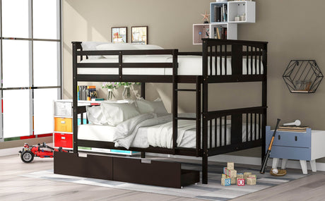 Full Over Full Solid Wood Espresso Bunk Bed With Drawers - Omega Lifestyles