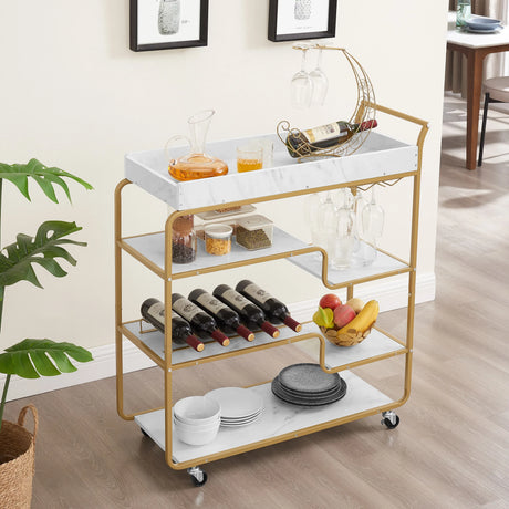 Gold Two-Tier Metal Bar Cart With Wine Rack and Wheels - Omega Lifestyles