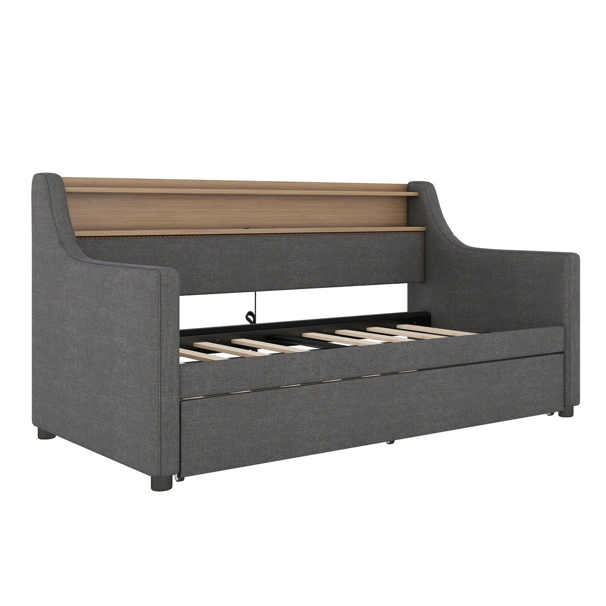 Twin Linen Upholstered Daybed With Trundle Charging Station - Omega Lifestyles