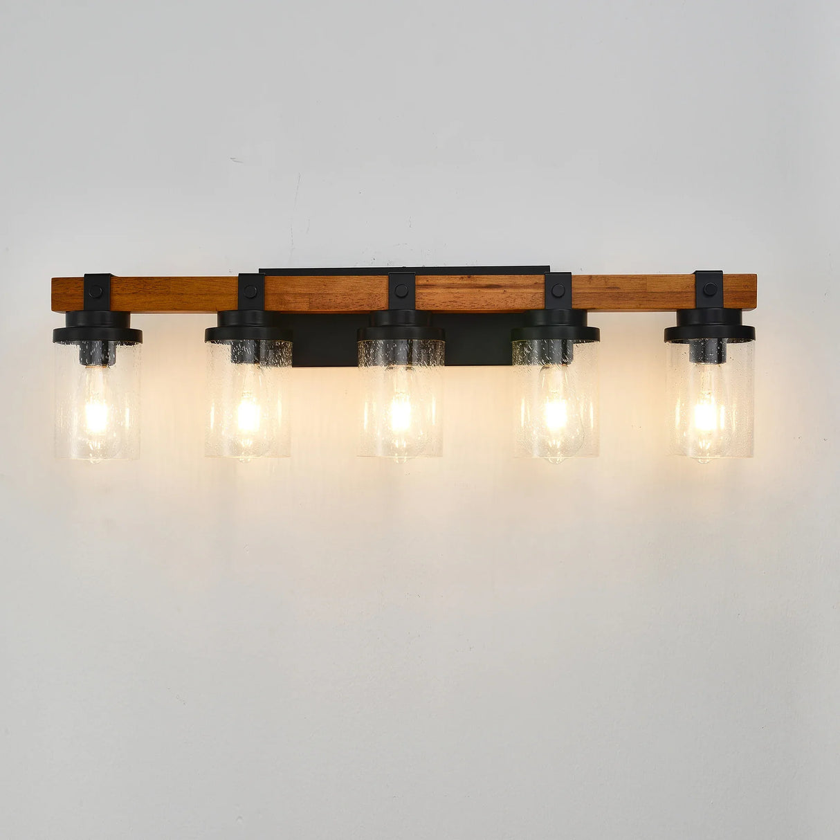 5-Light Matte Black Wood Glass Shade Wall Lamps - Omega Lifestyles