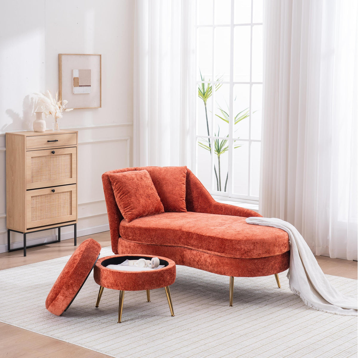 Red Chenille Recliner Sofa With Lumbar Pillow and Footstool