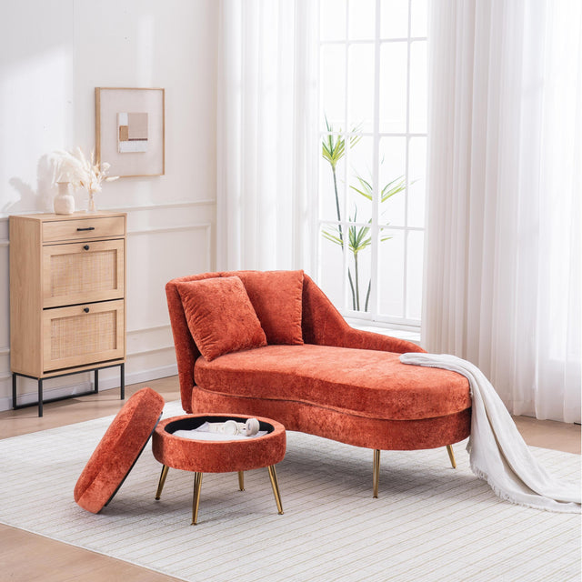 Red Chenille Recliner Sofa With Lumbar Pillow and Footstool
